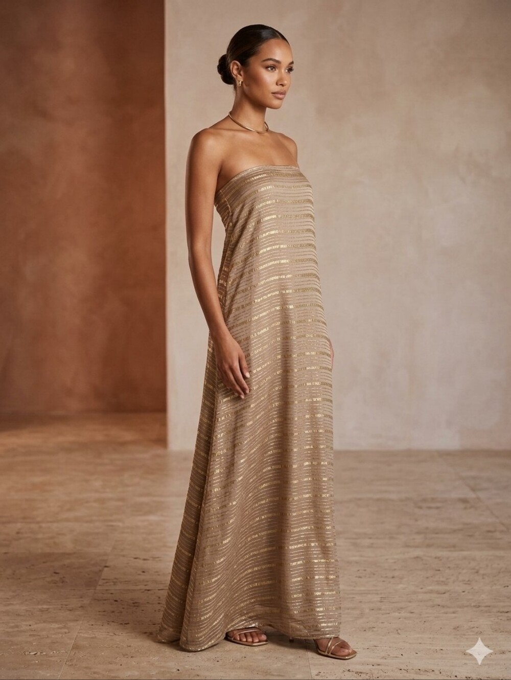 JAY AHR taupe & gold striped strapless floor length maxi dress, silk blend M